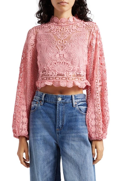 Farm Rio Guipure Lace Long Sleeve Crop Top In Pink