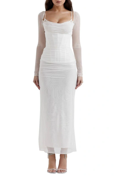 House Of Cb Katrina Lace Mesh Long Sleeve Gown In White