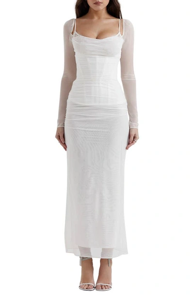 House Of Cb Katrina Lace Mesh Long Sleeve Gown In Vintage Ivory