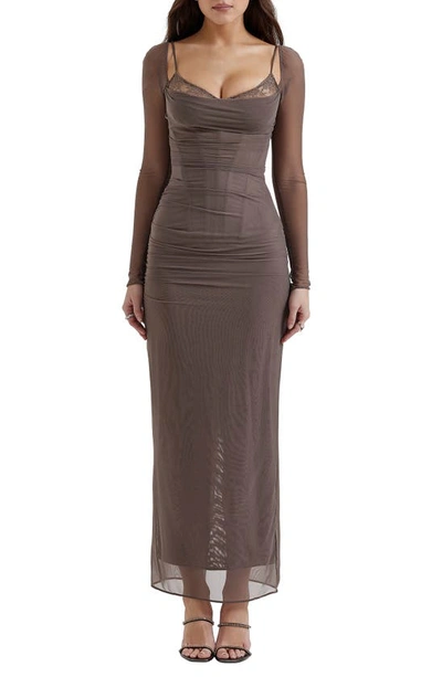 House Of Cb Katrina Lace Mesh Long Sleeve Gown In Pebble Grey