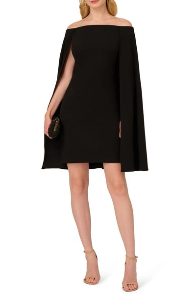Adrianna Papell Off The Shoulder Long Sleeve Capelet Cocktail Dress In Black