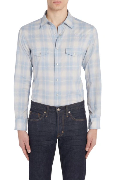 Tom Ford Dégradé Plaid Brushed Cotton Snap-up Western Shirt In Combo Light Blue White