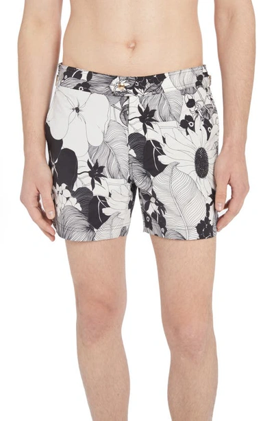 Tom Ford Monochromatic Floral Compact Poplin Swim Trunks In Combo Black