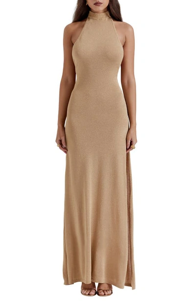 House Of Cb Selia Metallic Semisheer Gown In Gold