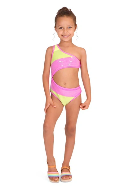 Peek Aren't You Curious Kids' Colourblock Sequin One-piece Swimsuit In Pink Multi