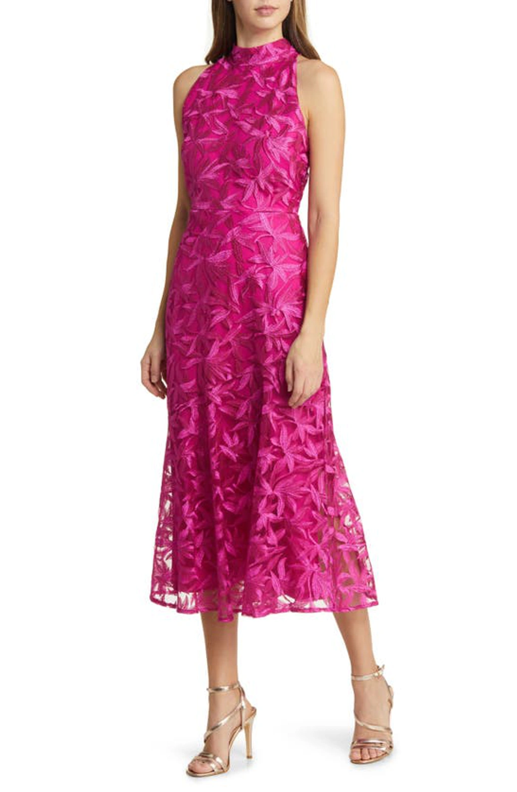 Sam Edelman Embroidered Mock Neck Midi Dress In Dark Pink | ModeSens
