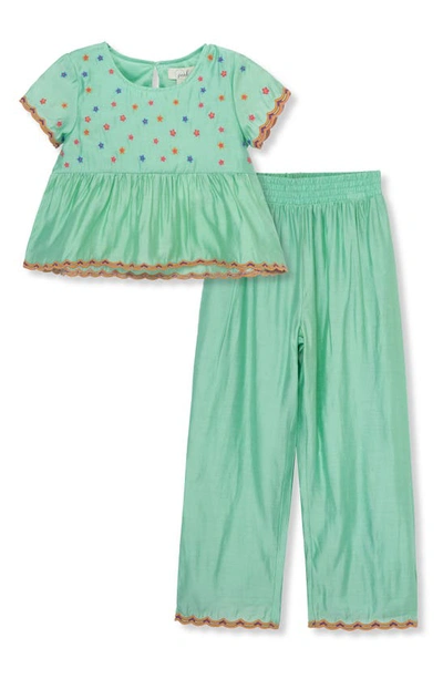 Peek Aren't You Curious Kids' Disty Schiffli Embroidered Top & Pants Set In Green