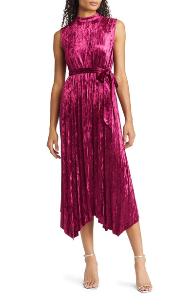 Tahari Asl Halter Neck Crushed Velvet Midi Dress In Wild Berry