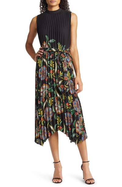 Tahari Asl Paisley Pleated Sleeveless Midi Dress In Black Forest