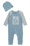 Volcom Babies' Long Sleeve Romper & Beanie Set In Blue