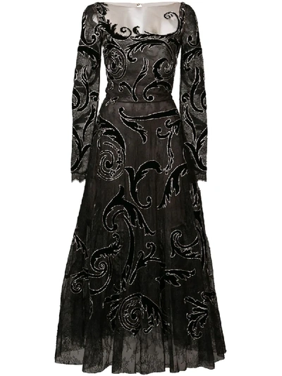 Oscar De La Renta Long-sleeve Illusion-neck Arabesque-embroidered A-line Cocktail Dress In Black