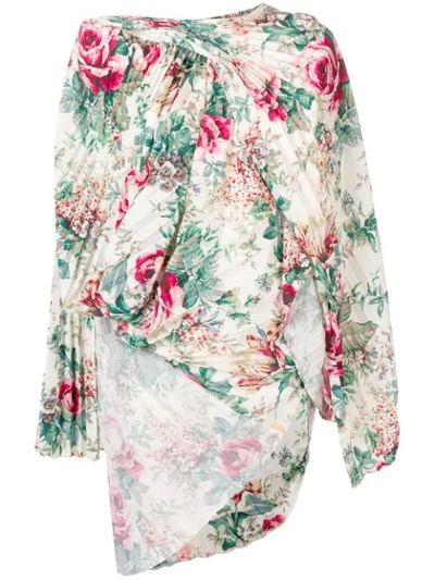 Junya Watanabe Asymmetric Floral Print Blouse In White