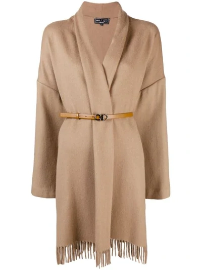 Ferragamo Cashmere Cloth Fringed Coat W/ Belt In Brown