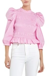 English Factory Smocked Puff Shoulder Poplin Top In Pastel Pink