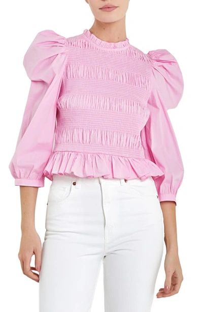 English Factory Smocked Puff Shoulder Poplin Top In Pastel Pink