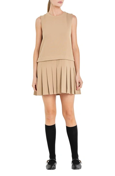 English Factory Pleated Sleeveless Dress In Camel