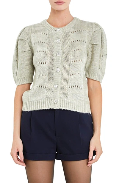 English Factory Pointelle Puff Sleeve Cardigan In Green