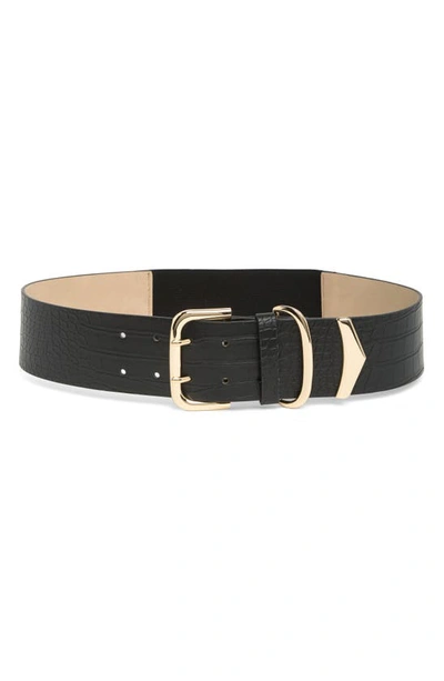 Vince Camuto Double Prong Buckle Croc-embossed Stretch Back Belt In Black Gold