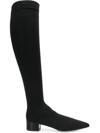 René Caovilla Embellished Heel Knee High Boots In Black
