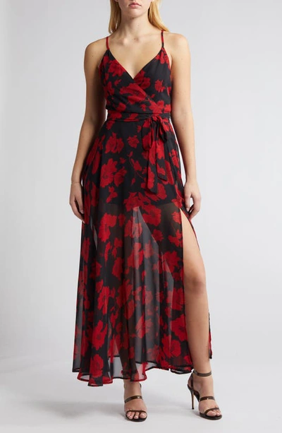 Lulus Floral Cocktail Dress In Black/ Red