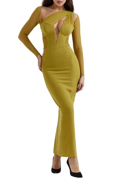 House Of Cb Zahra Asymmetric Cutout Long Sleeve Cocktail Dress In Chartreuse