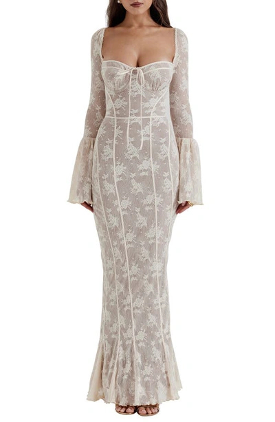House Of Cb Delilah Long Sleeve Lace Maxi Cocktail Dress In Vintage Cream