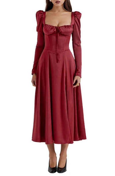 House Of Cb Sebille Long Sleeve Corset Midi Cocktail Dress In Blood Red