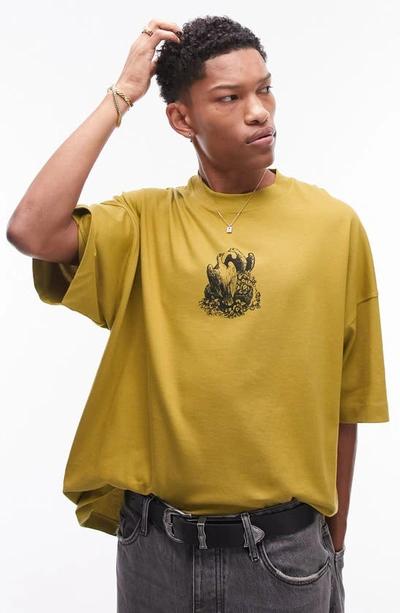 Topman Extreme Oversize Dove Graphic T-shirt In Mid Green