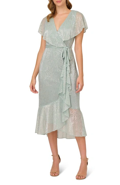 Adrianna Papell Metallic Flutter Sleeve Faux Wrap Dress In Sea Glass