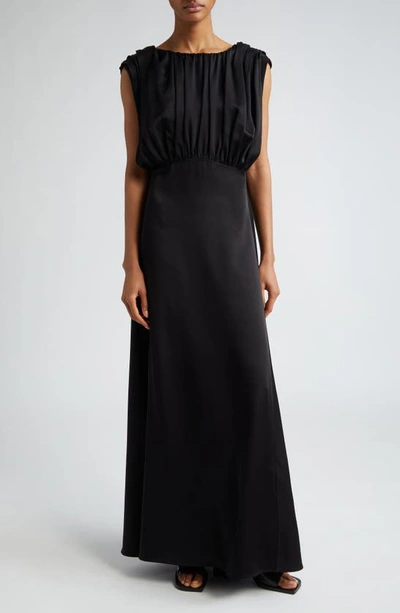 Jil Sander Gathered Cap Sleeve Satin Gown In 001 Black