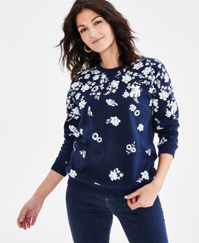 Style & Co Petite Raining Flower Printed Long-sleeve Sweatshirt, Created For Macy's In Navy Floral