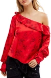 Free People These Nights Floral One-shoulder Satin Top In Red Combo