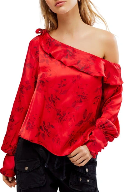 Free People These Nights Floral One-shoulder Satin Top In Red Combo