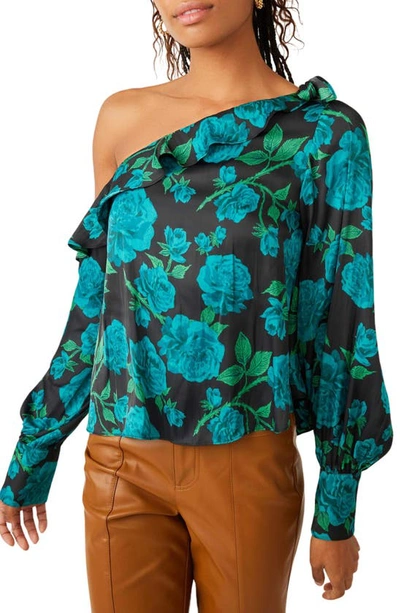 Free People These Nights Floral One-shoulder Satin Top In Black/ Teal Combo
