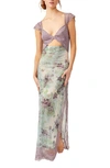 Free People Suddenly Fine Floral Print Cutout Lace Trim Nightgown In Moss Combo