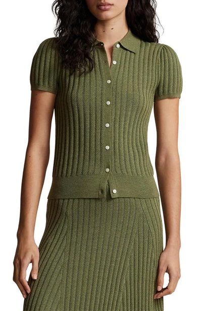 Ralph Lauren Short Sleeve Wool Cardigan In Sage Melange