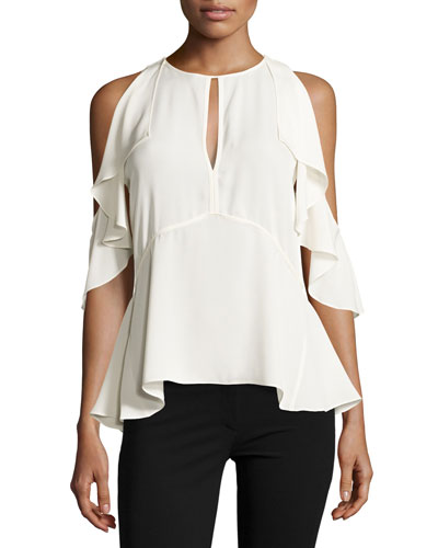 Theory Ruffled Silk Crepe Top With Cut-out Shoulders In White | ModeSens