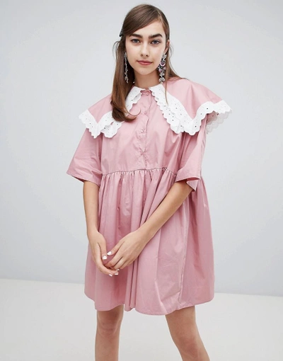 Sister Jane Smock Dress With Double Layer Bib And Contrast Lace Trim - Pink