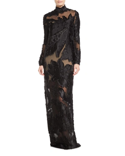 J Mendel High-neck Long-sleeve Floral Illusion Column Evening Gown, Black