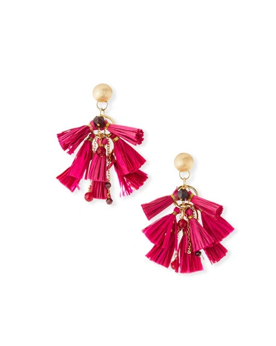 Akola Raffia & Bead Tassel Statement Earrings, Pink