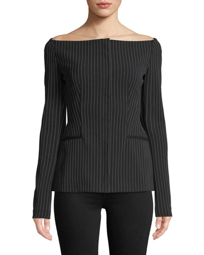 Theory Off-the-shoulder Pinstripe Jacket In Navy Multi