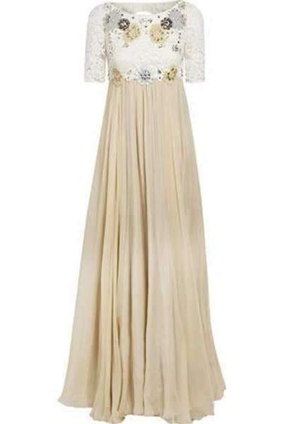 Dolce & Gabbana Woman Embellished Corded Lace-paneled Silk-blend Chiffon Gown Beige