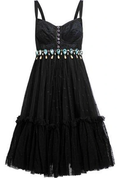 Dolce & Gabbana Woman Flared Embellished Lace, Satin And Point D'esprit Dress Black