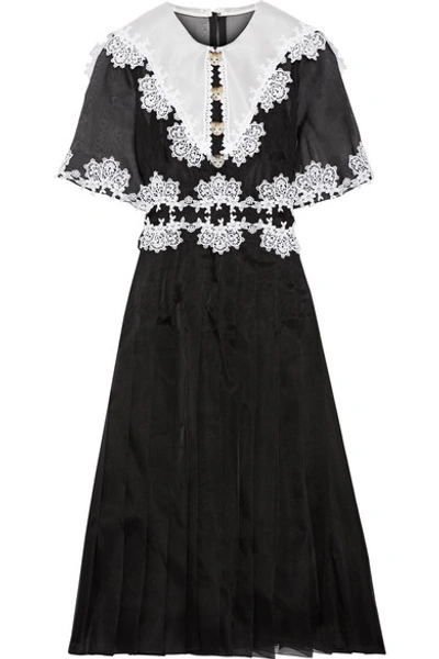 Dolce & Gabbana Lace-trimmed Pleated Silk-blend Organza Dress In Black