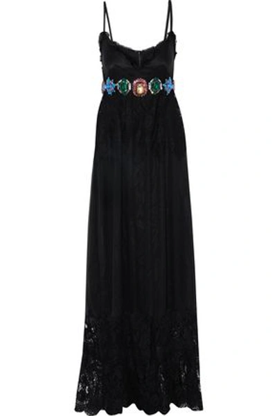 Dolce & Gabbana Lace-paneled Crystal-embellished Silk-blend Chiffon Gown In Black