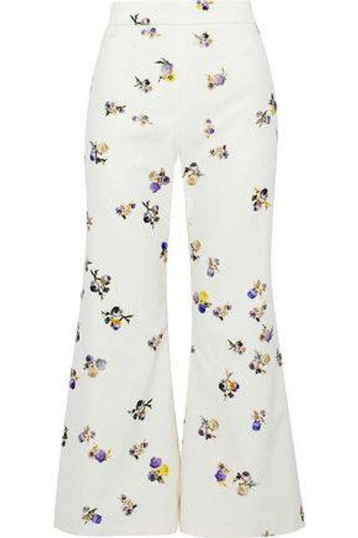 Acne Studios Tyme Cropped Floral-print Cotton-corduroy Flared Pants In Off-white