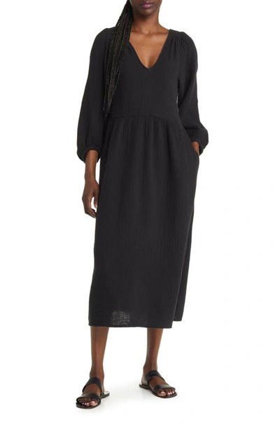 Madewell V-neck Lightspun Cotton Midi Dress In True Black