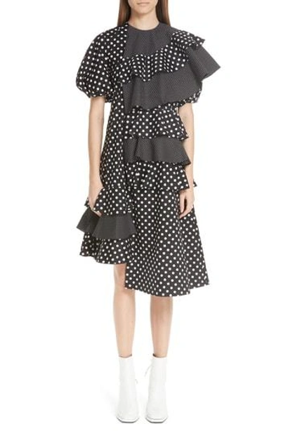 Paskal Puff Sleeve Asymmetrical Frill Dress In Mixed Polka Dot