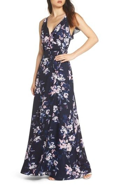 Wayf Jamie Ruffle Wrap Gown In Midnight Bouquet Floral
