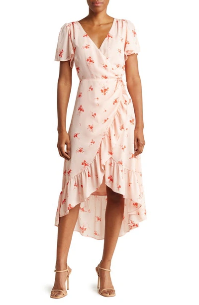 Chelsea28 Flounce Floral Print Chiffon Wrap Dress In Pink Blush Forget Me Not